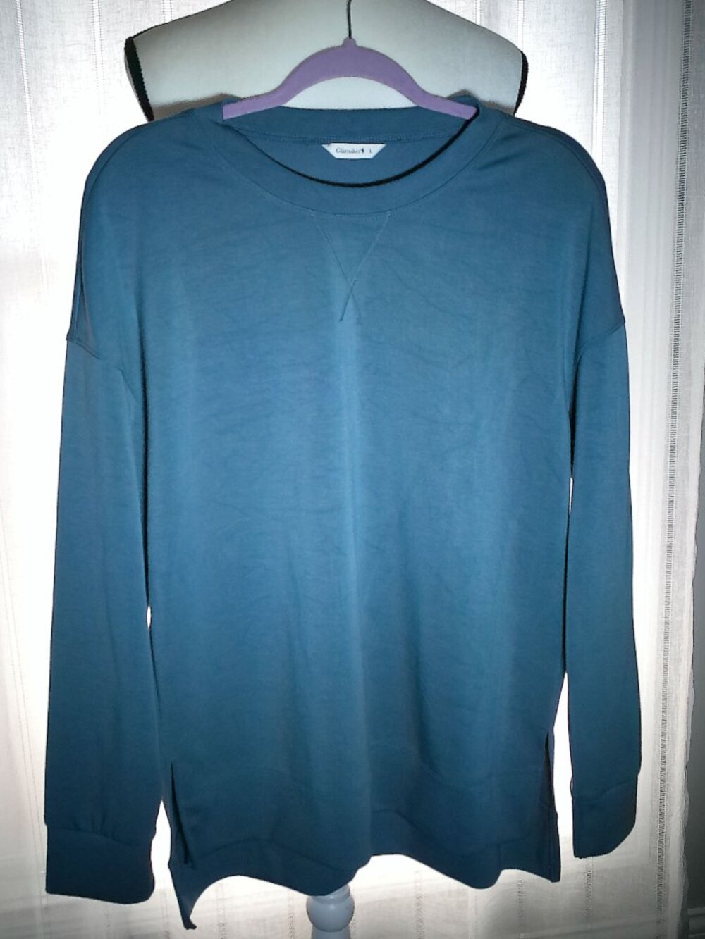 GLAMAKER Long Sleeve Crew Neck Medium Blue/Green Hi Lo Sweatshirt L